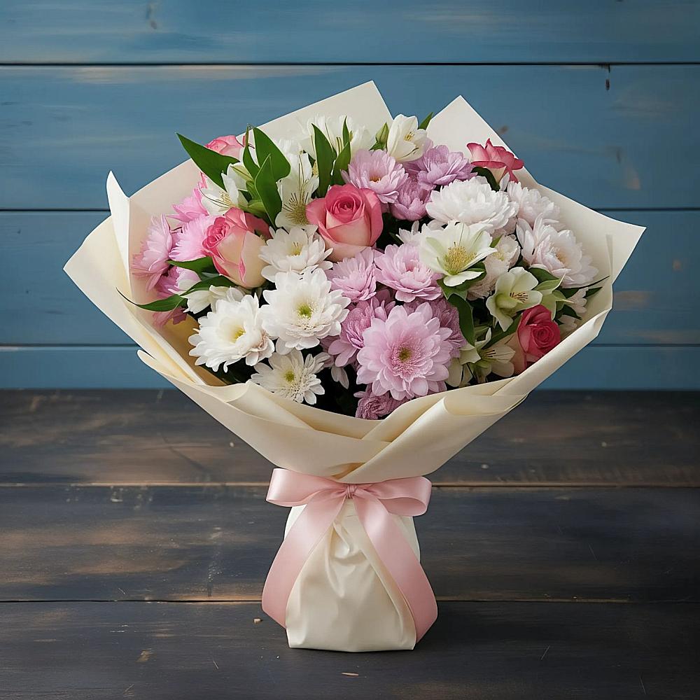 Букет цветов из: Хризантемы, Альстромерии и Розы в Вохме